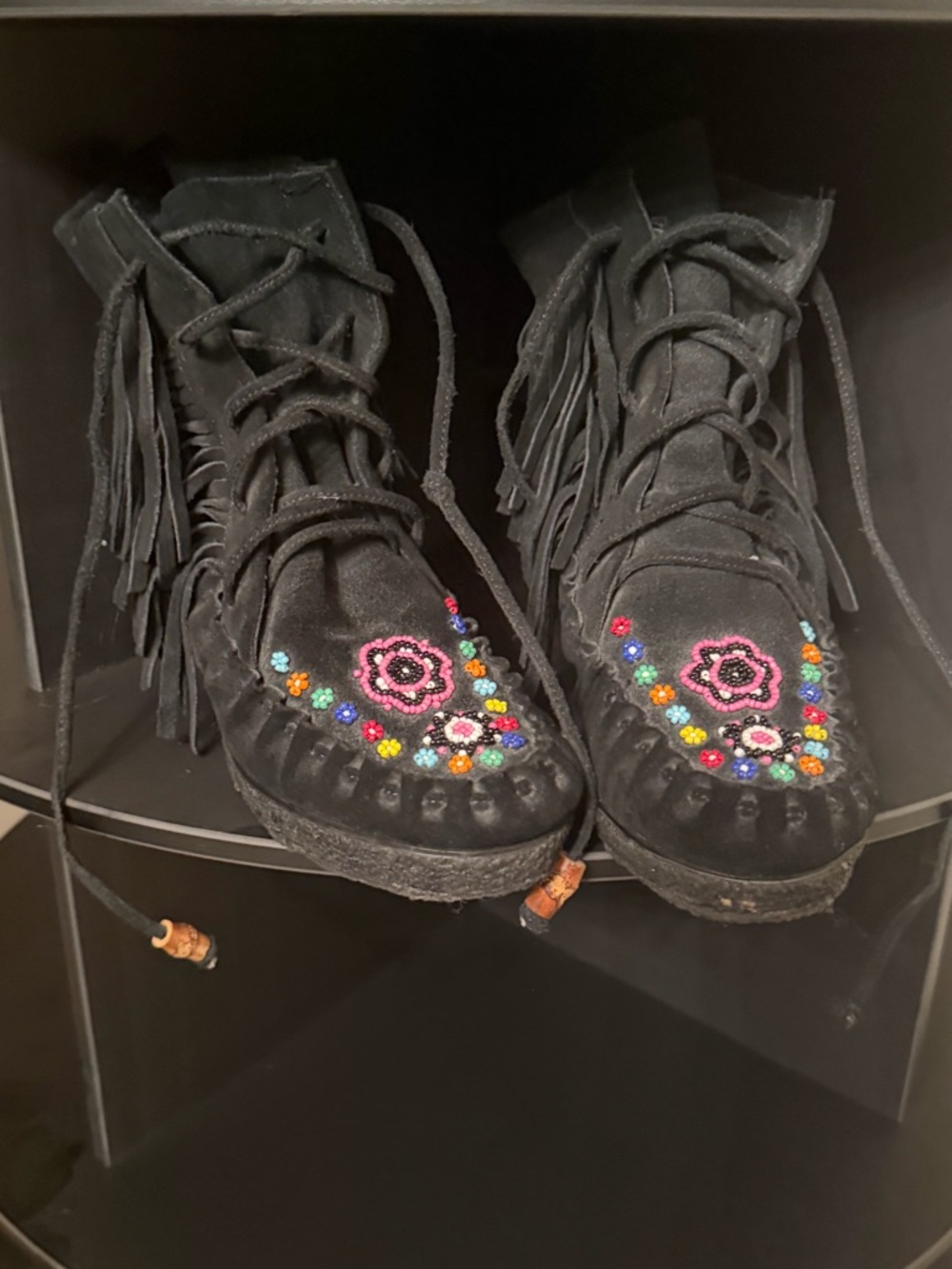 Betsey Johnson Black Suede Fringe Moccasin Boots with Multicolor Bead Flowers - Picture 3 of 4
